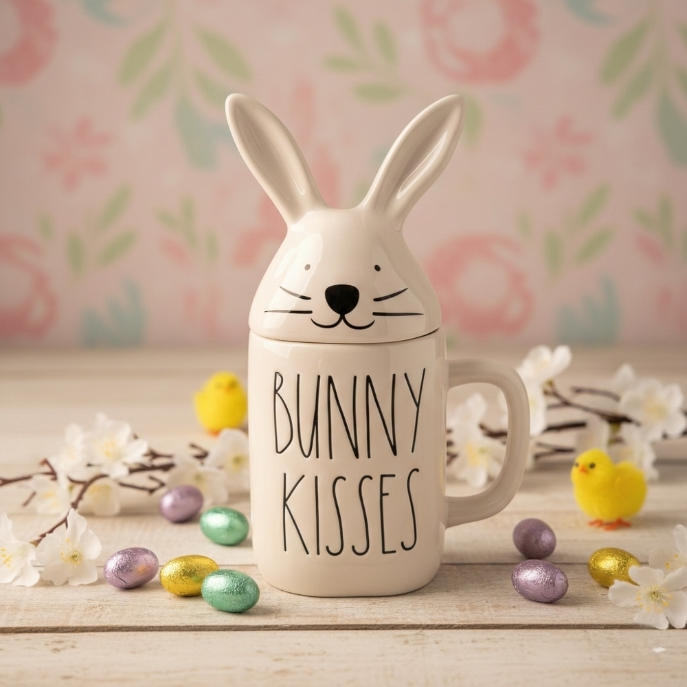 New Rae Dunn Bunny Kisses Ceramic Mug White Easter Farmhouse Style